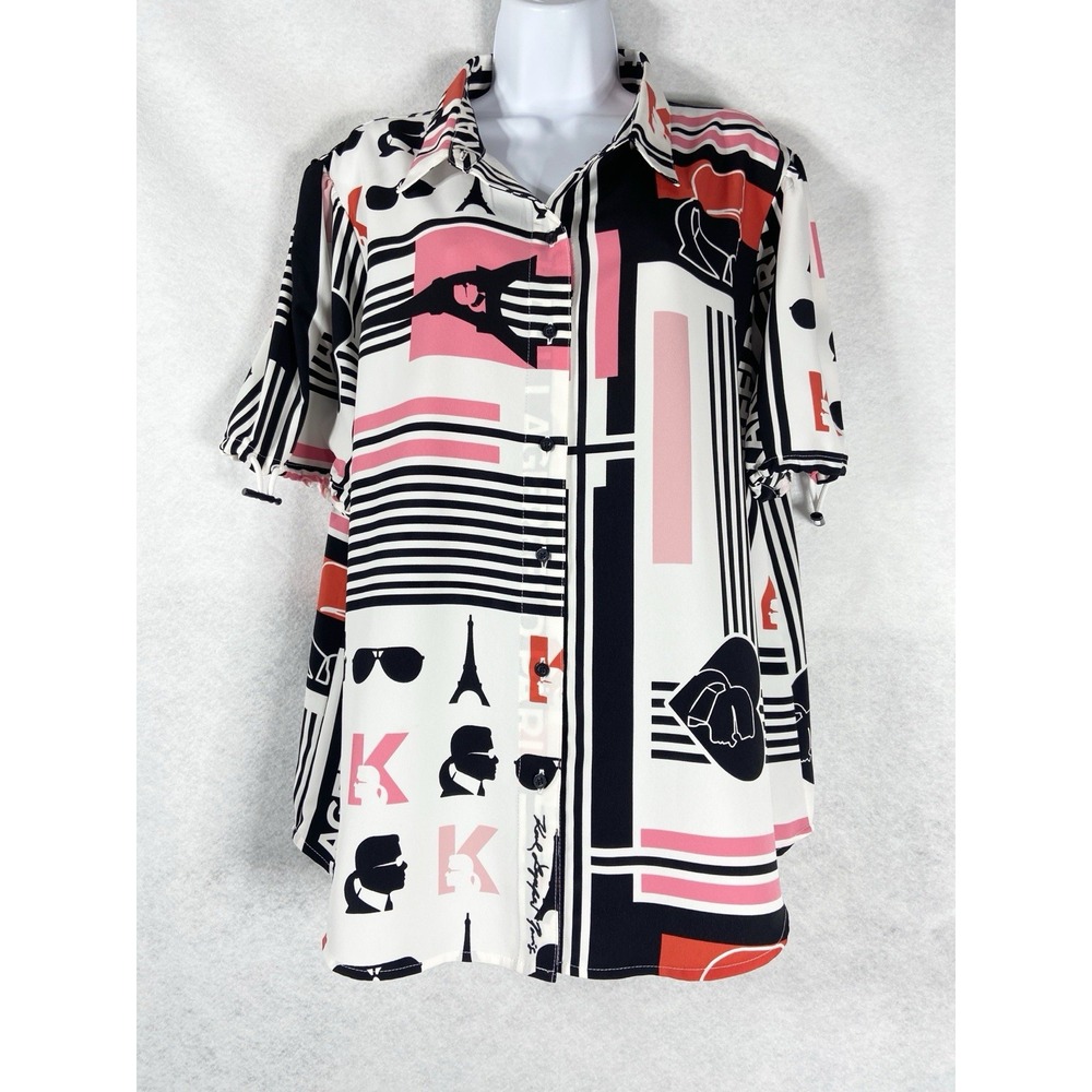 Karl Lagerfeld Top XL Black White Blouse Button Up Short Sleeves Graphic NWOT